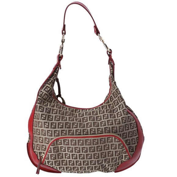 FENDI Zucchino Shoulder Bag 8BR465 Beige Dark Brown Red Jacquard